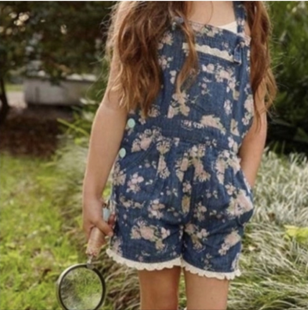 Matilda Jane Girls Floral Print & Eyelet Lace Denim Overalls Size 6